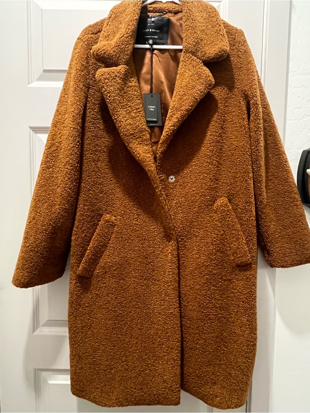 NWT Lucky Brand Faux Fur Teddy Bear Coat in Cognac / Camel - Size L